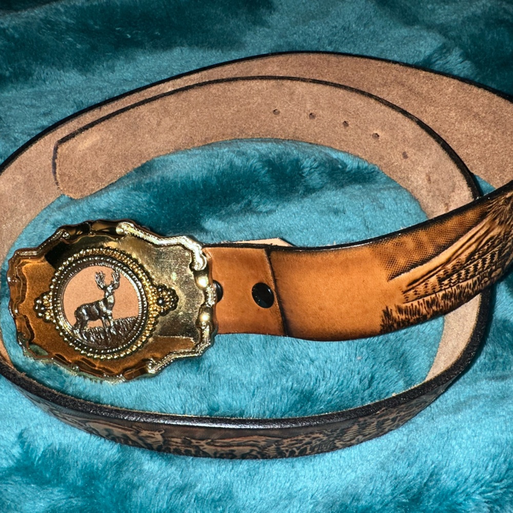 Vintage Brown Leather Belt with Buckle- outdoor print on belt Made in the USA